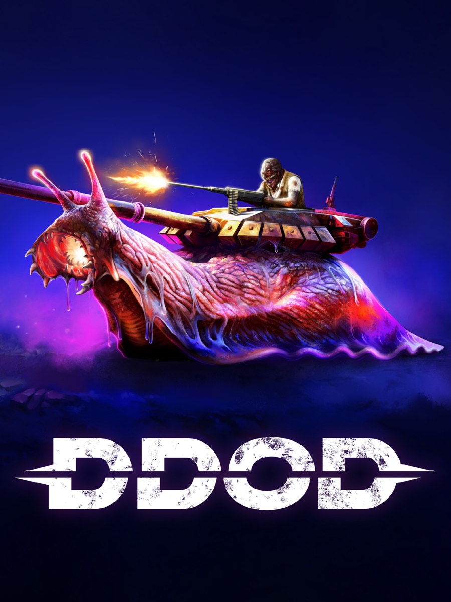 DDoD key art: a giant mutant slug carrying a tank turret, ridden by a gunner, lit in purple and magenta.